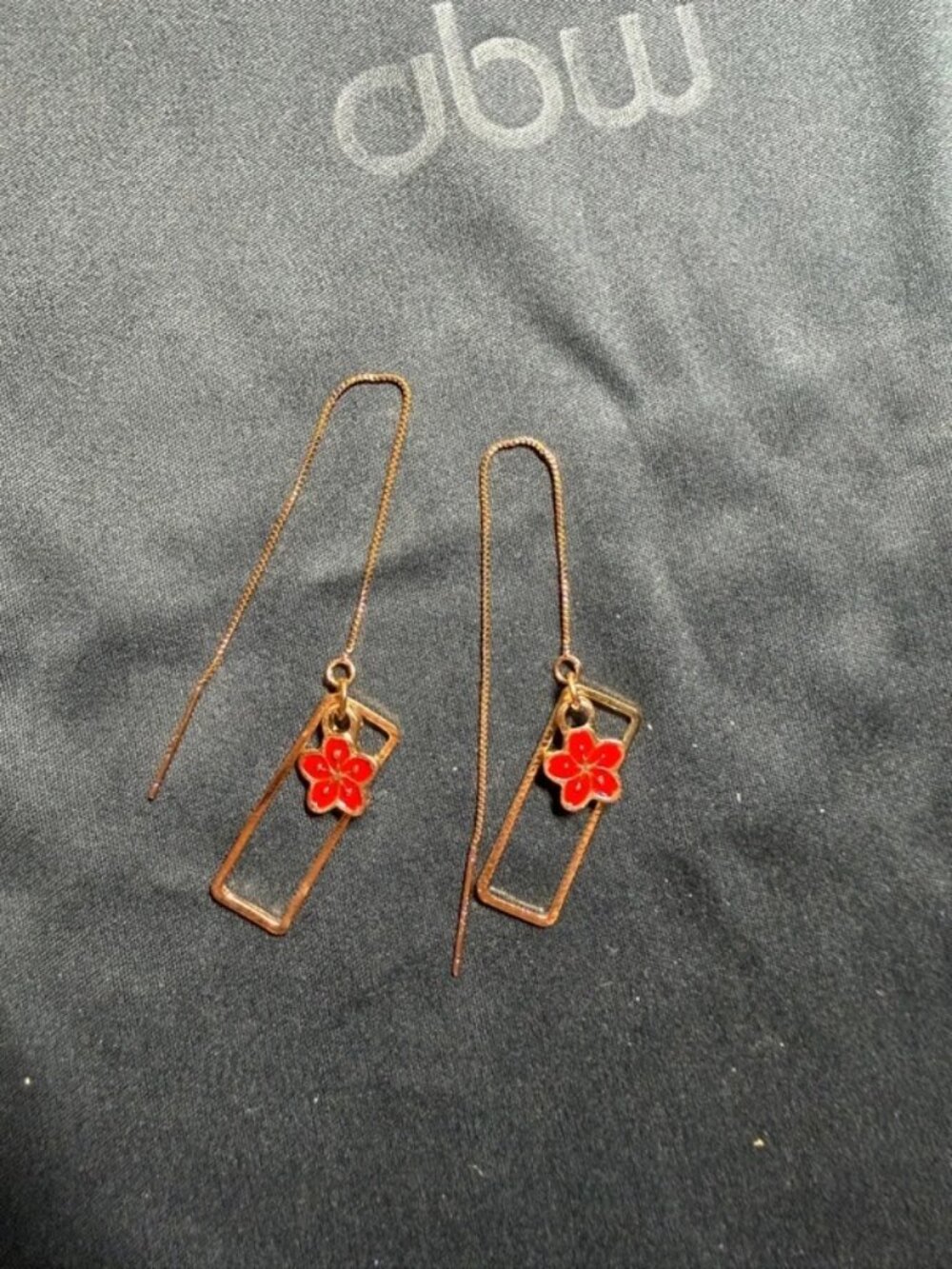 Gold threader earrings red flower charm